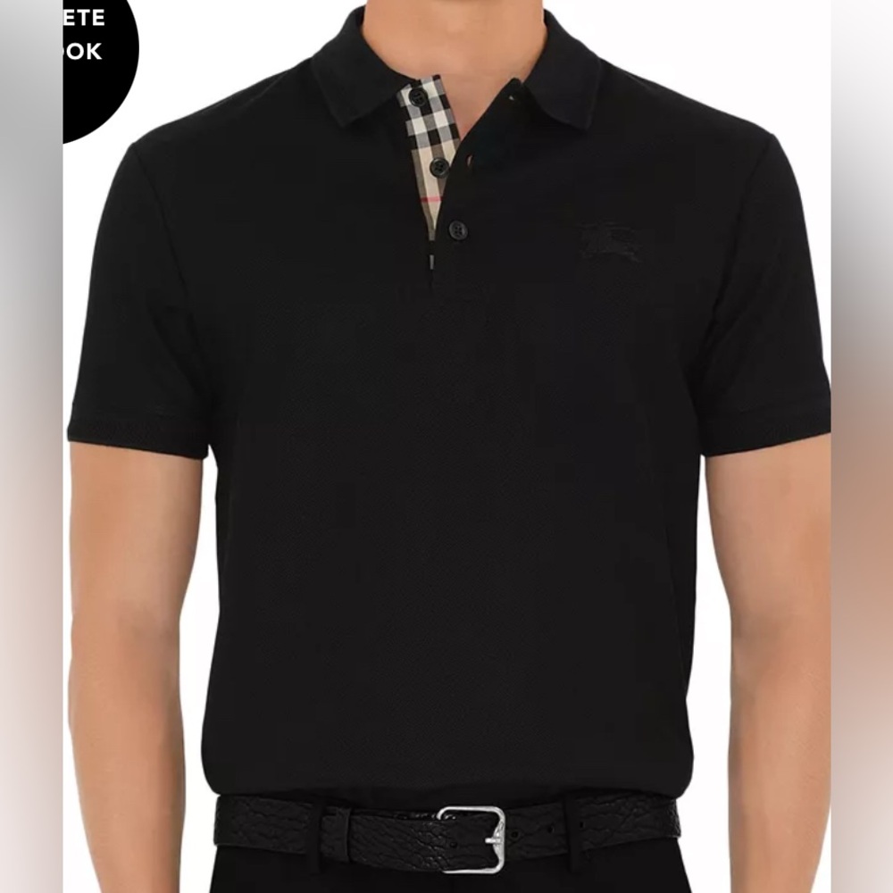Burberry  Black cotton piqué polo shirt with a check collar.